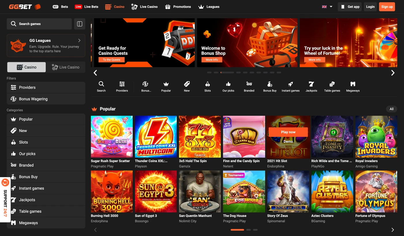 The casino lobby: categories, provider filter and best-known titles